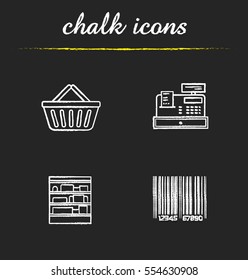 Supermarket chalk icons set. Shopping basket, cash register, bar code, shop shelves. Grocery store items. Isolated vector chalkboard illustrations