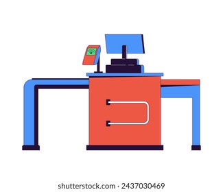 Supermarket checkout counter 2D linear cartoon object. Grocery store checkout with pos terminal isolated line vector element white background. Technology pos restaurant color flat spot illustration