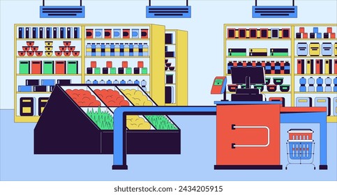 Ilustración plana de dibujos animados de mostrador de caja de supermercado. Fondo colorido interior de la línea 2D del registro de comestibles. Línea de pago con terminal de pago con tarjeta, ninguna escena de la gente vector storytelling imagen