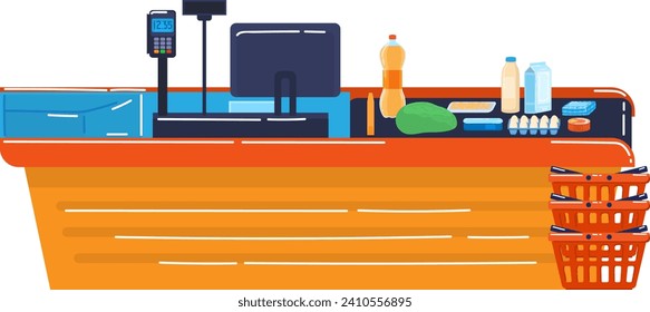 Supermarket checkout counter with grocery items and card payment terminal. Retail store cash register and food products vector illustration.