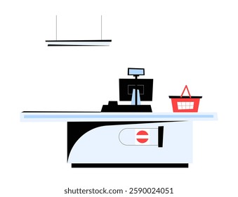 Supermarket Checkout Counter With Shopping Basket In Flat Vector Illustration Symbolizing Retail, Grocery Shopping, And Payment Process, Isolated On White Background.