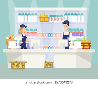 Supermarket checkout flat vector illustration. Male and female cashier cartoon characters in uniform working at grocery shop. Shelf with products in store. Shopping bags and baskets.