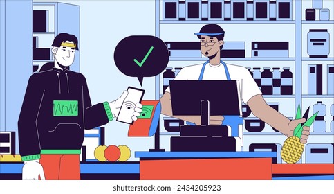 Supermarket checkout wireless cartoon flat illustration. Contactless paying customer with nfc phone 2D line characters colorful background. Cashier assisting client scene vector storytelling image