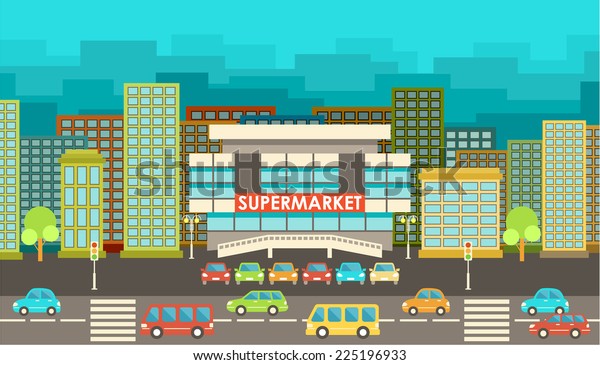 Supermarket.\
City in the style of flat design. vector\
