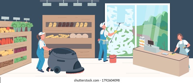 Supermarket cleaning flat color vector illustration. Professional janitors 2D cartoon characters with product shelves on background. Cleaners team in grocery store dusting, washing windows and floor