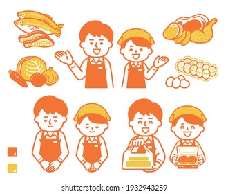 Supermarket clerk person pose set and food illustration