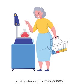 Supermarket composition with flat doodle style character of elderly woman weighing apples vector illustration