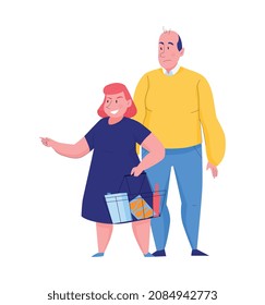Supermarket composition with flat doodle style characters of wife holding basket with products and husband vector illustration
