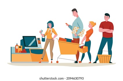 Supermarket Composition With Human Characters Standing In Waiting Line To Self Checkout Scanner Vector Illustration