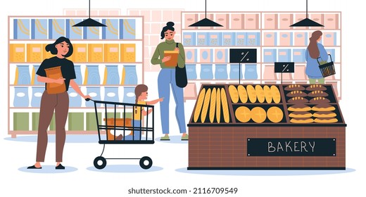 Supermarktkomposition mit Innenansicht eines Selbstbedienungsgeschäfts mit Produkten auf Regalen und Backwaren, Vektorgrafik