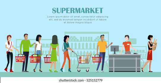 Supermarket Concept Vector Banner. Flat Style. Shopping In Grocery Store. Smiling Cashier Woman Serves Buyers On Counter Desk Equipment In Mall. Picture For Retail Companies Ad, Web Page Design.