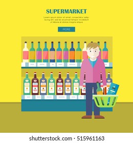 Supermarket concept web banner. Flat design. Smiling man character with basket full of goods near shelve with drinks in grocery store. Consumers choice and assortment illustration for web page design.