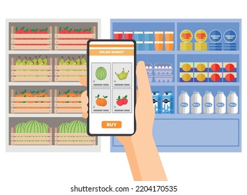 Supermarket concept web banner. Hand holding smartphone. Online market shopping in grocery store dairy products e-commerce application.  Vegetable food order. For buyer decision merchandising strategy