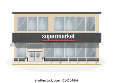 Supermarket consisting of two floors. Premium big shop showcase and entrance automatic door. Store with white vector panorama windows. 
