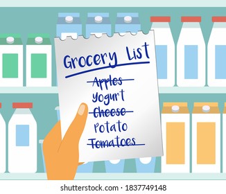 in Supermarket customer holds a piece of paper with a grocery list in his hand. Flat design vector illustration. woman is holding shopping list on a background of bottles.