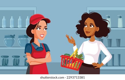 
Supermarket Customer Interacting with Saleswoman Vector Cartoon Illustration. Shop assistant responding and guiding a client into the store
