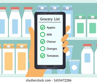 Supermarket. Customer's Hand Holds A Mobile Phone With A Grocery List. Flat Design Vector Illustration. Man Or Woman Is Holding Shopping List On A Background Of Bottles.