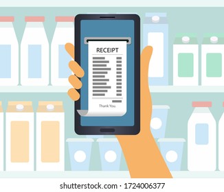 Supermarket. customer's hand holds a mobile phone with receipt. Flat design vector illustration. Man or woman is holding shopping list on a background of bottles.