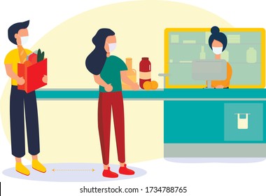 Supermarket. Customers stand in line with products in a mask, keeping a distance.  The cashier in the mask . Protection from the virus. Vector illustration in flat style.