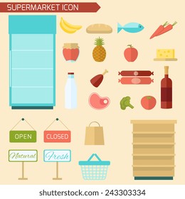 Supermarket decorative icon flat set with food items and store shelves isolated vector illustration
