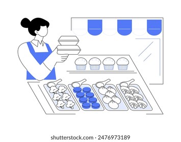 Departamento de delicatessen de supermercado Ilustraciones vectoriales de dibujos animados aislados. Mujer sonriente que vende comida preparada en el supermercado, departamento culinario de la tienda de comestibles, caricatura inteligente del Vector de compras.