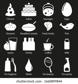 Supermarket department icons set. 16 pieces. Strip style. White color. Isolated on black background. Vector illustration