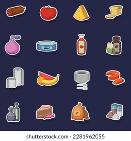 Supermarket department icons set stikers collection vector with shadow on purple background