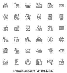 Supermarket department line icons set. linear style symbols collection, outline signs pack. Grocery store vector graphics. Set includes icons as dairy products, shopping basket, condiment aisle 