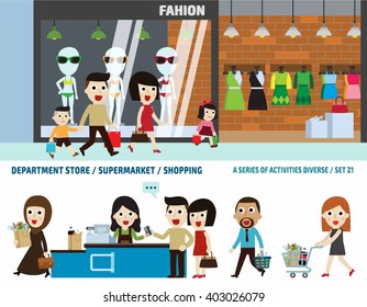 supermarket and department store.
business banner header concept.
infographic elements.
flat cute cartoon design illustration. 