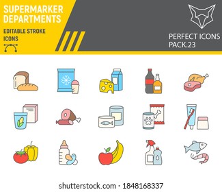 Supermarket departments color line icon set, grocery collection, vector sketches, logo illustrations, online sales icons, supermarket department signs filled outline pictograms, editable stroke