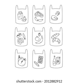 Supermarket departments food icon. Grocery store products. Food categories line icons. Food set for online store. Food delivery set. Different products in plastic shopping bags. Grocery purchases