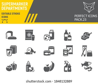 Supermarket departments glyph icon set, grocery collection, vector sketches, logo illustrations, online sales icons, supermarket department signs solid pictograms, editable stroke