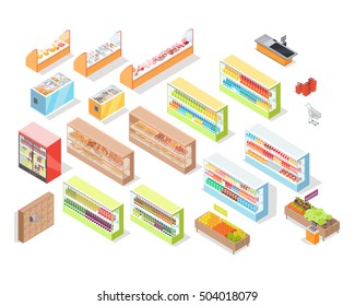Supermarket departments interior set. Bakery, juices, alcohol, fruits, vegetables, milk, meat and fish, cheese. 3d isometric. Supermarket shelves. Grocery store self-service shop icons. Vector