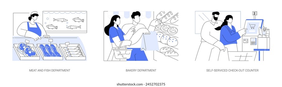 Supermarket departments isolated cartoon vector illustrations set. Selling meat and fish in grocery store, buy fresh pastry, bakery counter, self-serviced check-out, smart shopping vector cartoon.