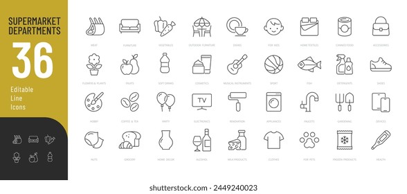 
Supermarket Departments Line Editable Icons set. Vector illustration in modern thin line style of product categories icons: food, household goods, cosmetics, sports and health, and more. 