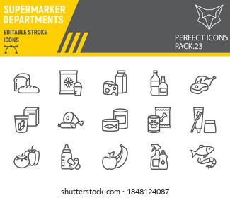 Conjunto de iconos de línea de los departamentos de supermercado, colección de comestibles, bocetos vectoriales, ilustraciones de logotipo, iconos de ventas en línea, signos del departamento de supermercados pictogramas lineales, trazo editable