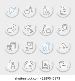 Supermarket departments line icon set, grocery collection, vector sketches, neumorphic UI UX buttons, online sales icons, supermarket department signs linear pictograms, editable stroke