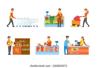 Supermarket departments and sellers set vector. Worker arranging trolleys, man with fruits on shelves. Butcher and cashier by counter with client