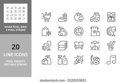 Supermarket departments and services, thin line icon set 2 of 3. Outline symbol collection. Editable vector stroke. 64 and 256 Pixel Perfect scalable to 128px