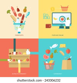 Supermarket design concept set with foodstuff online purchase buy flat icons isolated vector illustration