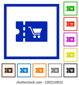 Supermarket discount coupon flat color icons in square frames on white background