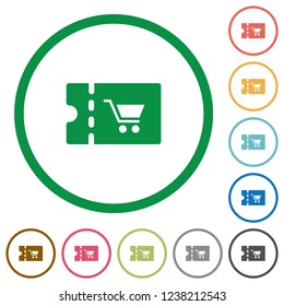 Supermarket discount coupon flat color icons in round outlines on white background