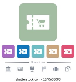 Supermarket discount coupon white flat icons on color rounded square backgrounds. 6 bonus icons included