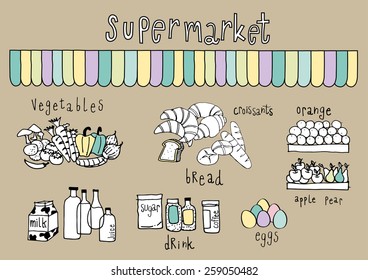 Supermarket Doodle Brown background with pastel color accent