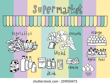 Supermarket  Doodle Colorful Pastel background