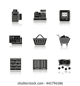 Supermarket drop shadow black icons set. Grocery store. Pos terminal, cash register, atm machine, credit card, shopping basket and cart, shop shelves, barcode, cash. Isolated vector illustrations