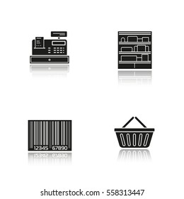 Supermarket drop shadow black icons set. Shopping basket, cash register, bar code, shop shelves. Grocery store items. Isolated vector illustrations