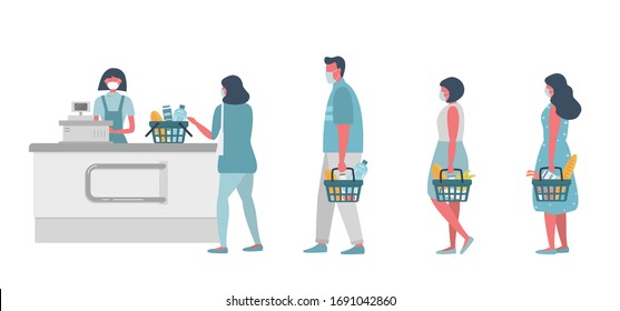 Supermarket during the coronavirus epidemic. Supermarket cashier in medical mask. Buyers wearing antivirus masks keep their distance in line to stay safe. People have food baskets in their hands.