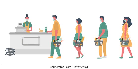 Supermarket During The Coronavirus Epidemic. Supermarket Cashier In Medical Mask. Buyers Wearing Antivirus Masks Keep Their Distance In Line To Stay Safe. People Have Food Baskets In Their Hands