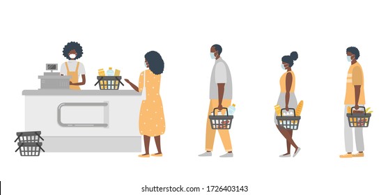 Supermarket during the coronavirus epidemic. Supermarket cashier in medical mask. Buyers wearing antivirus masks keep their distance in line to stay safe. Black people have food baskets in their hands